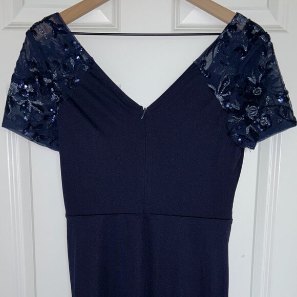 Deep V-Neck Sequin Short Sleeve High Side Front Slit Formal Evening Dresses - Picture 5 of 7